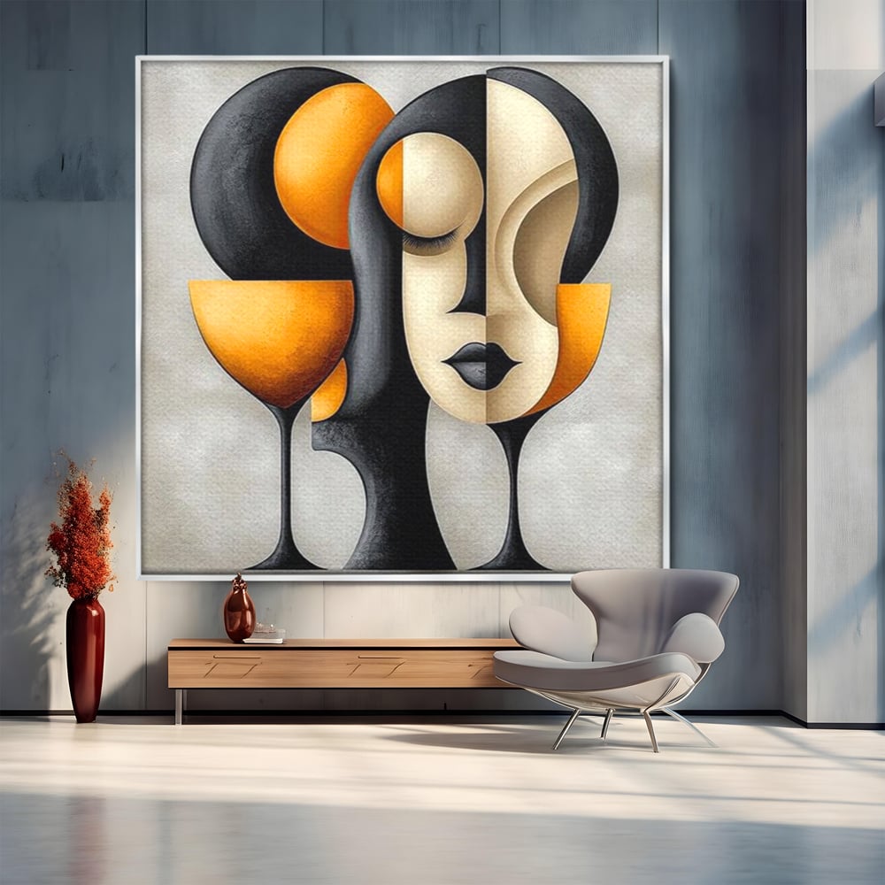 Tablou canvas cu tablou canvas cu portret cubist si pahare, in rama de aluminiu argintiu