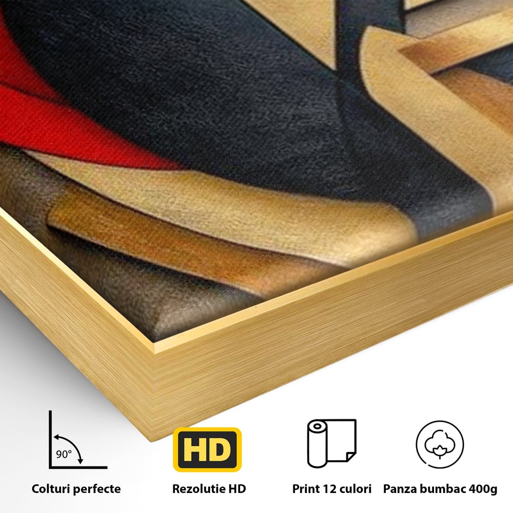 Detaliu al suprafetei: tablou canvas cu chip stilizat geometric, in rama de aluminiu auriu