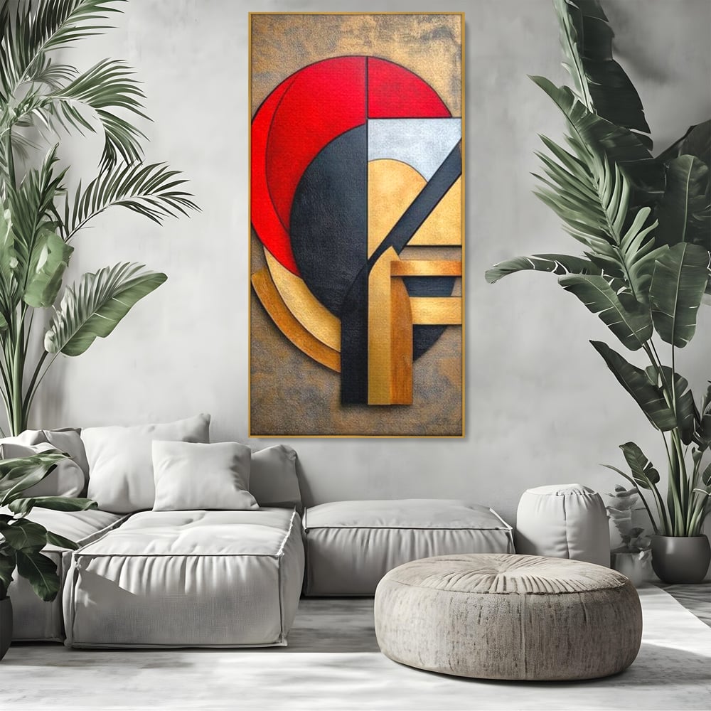 Tablou canvas cu tablou canvas cu chip stilizat geometric, in rama de aluminiu auriu, pe perete intr-un living