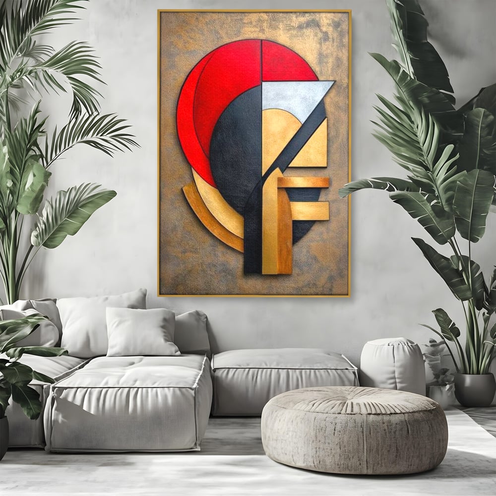 Tablou canvas cu tablou canvas cu chip stilizat geometric, in rama de aluminiu auriu, pe perete intr-un living