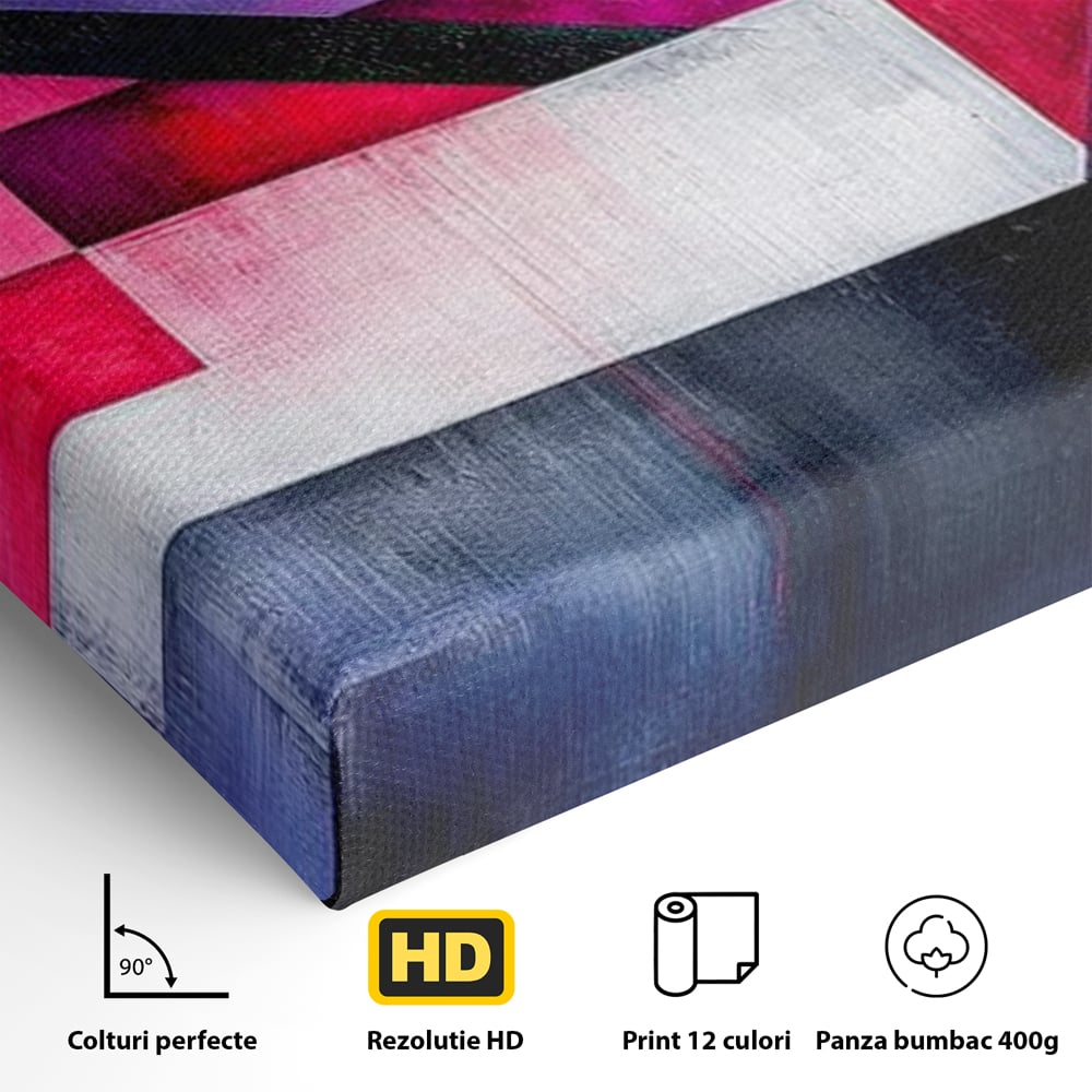 Detaliu al suprafetei: tablou canvas cu compozitie geometrica abstracta, fara rama, pe sasiu de lemn