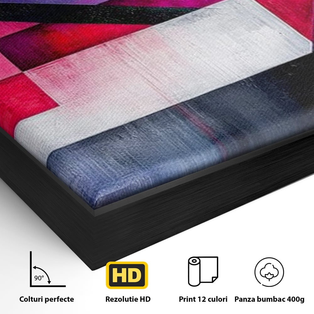 Detaliu al suprafetei: tablou canvas cu compozitie geometrica abstracta, in rama de aluminiu negru