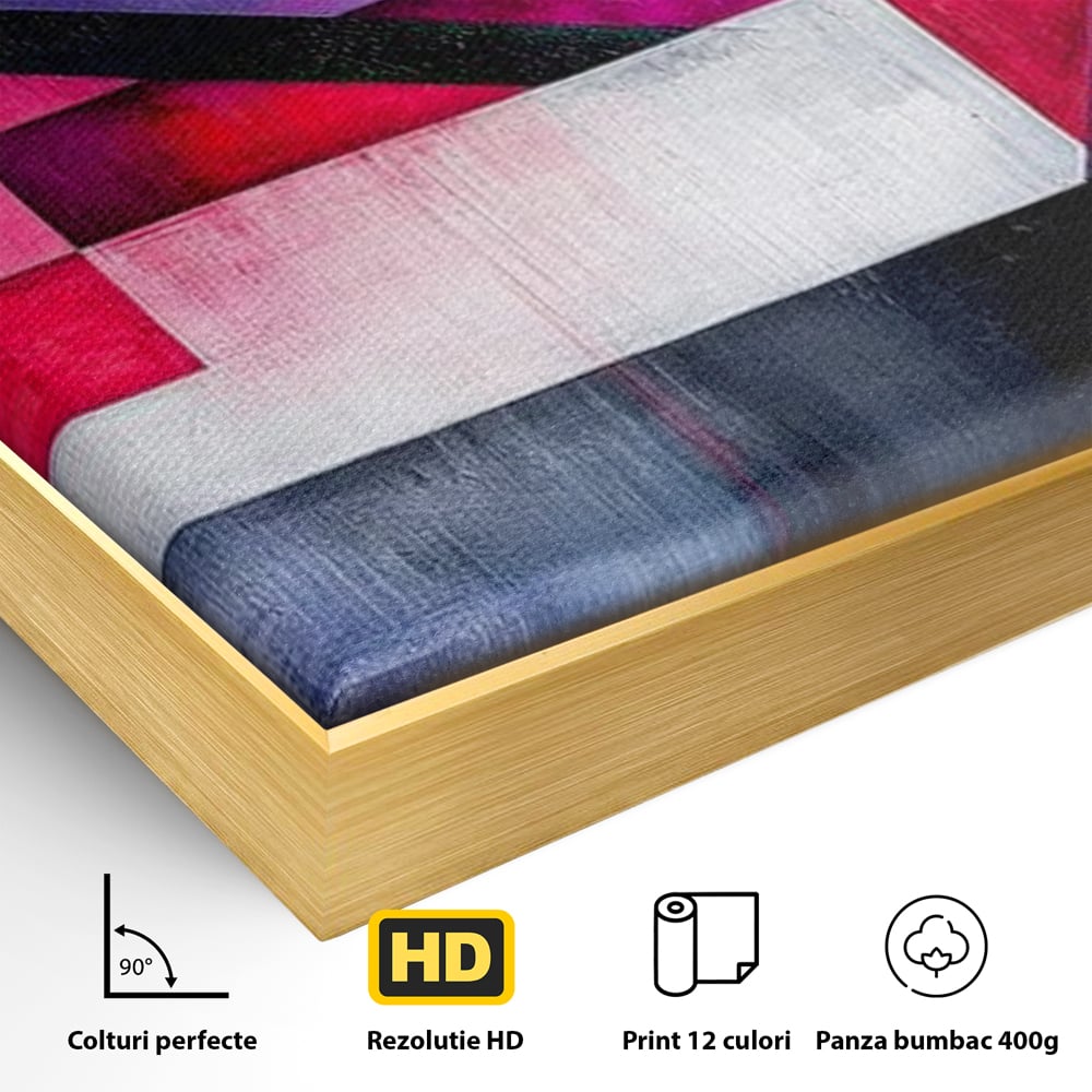 Detaliu al suprafetei: tablou canvas cu compozitie geometrica abstracta, in rama de aluminiu auriu