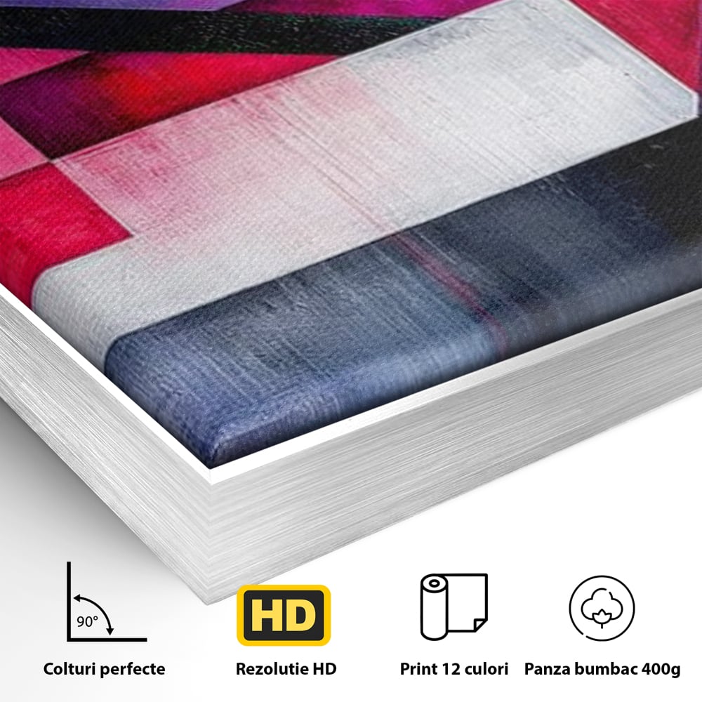 Detaliu al suprafetei: tablou canvas cu compozitie geometrica abstracta, in rama de aluminiu argintiu