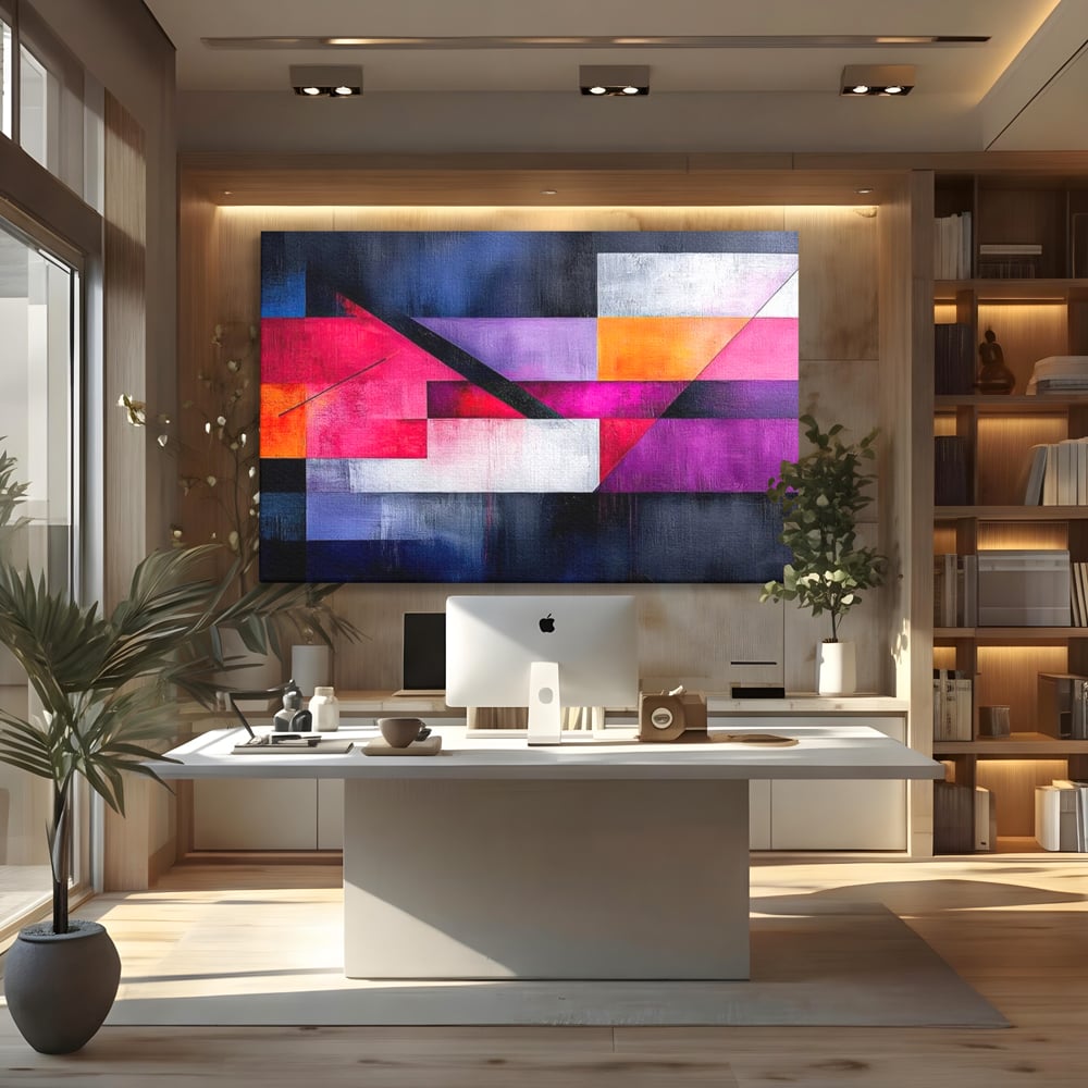Tablou canvas cu tablou canvas cu compozitie geometrica abstracta, fara rama, pe sasiu de lemn, pe perete intr-un birou