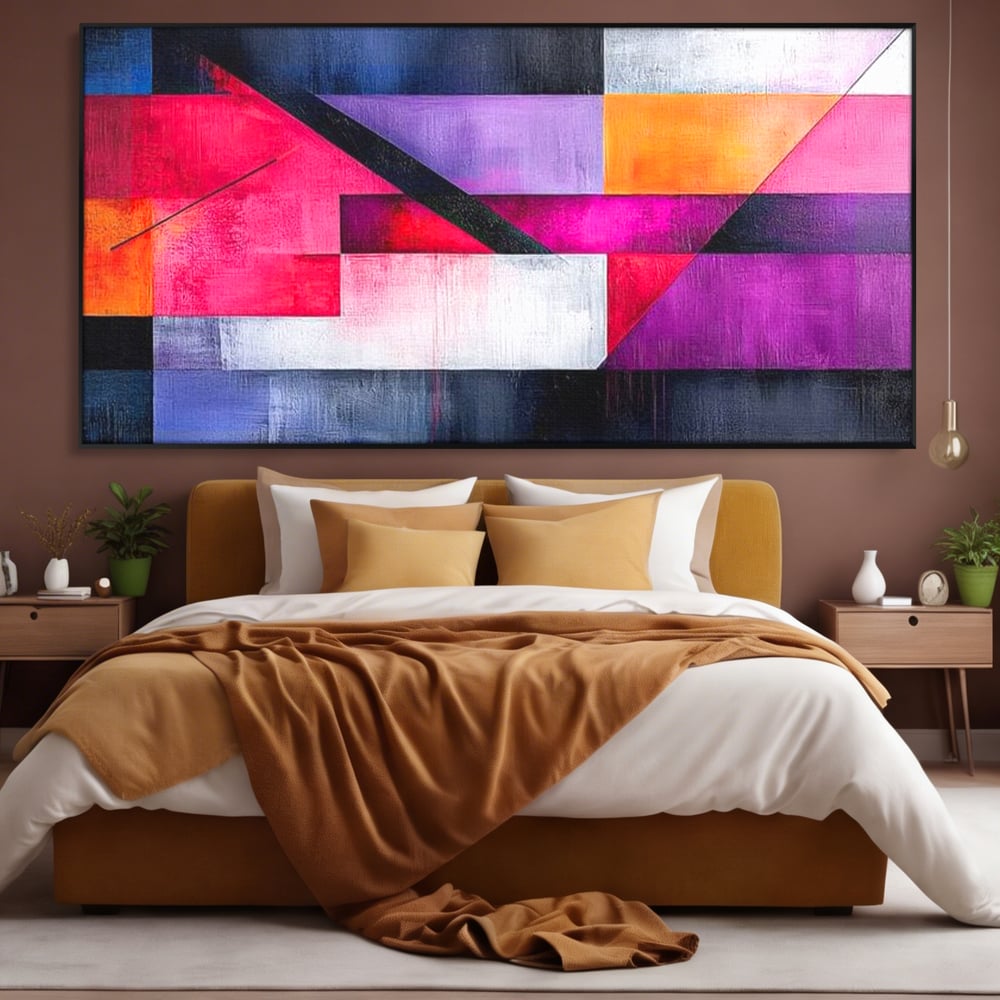 Tablou canvas cu tablou canvas cu compozitie geometrica abstracta, in rama de aluminiu negru, pe perete intr-un dormitor