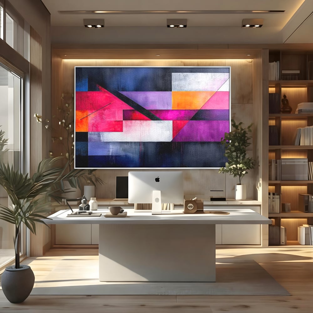Tablou canvas cu tablou canvas cu compozitie geometrica abstracta, in rama de aluminiu argintiu, pe perete intr-un birou