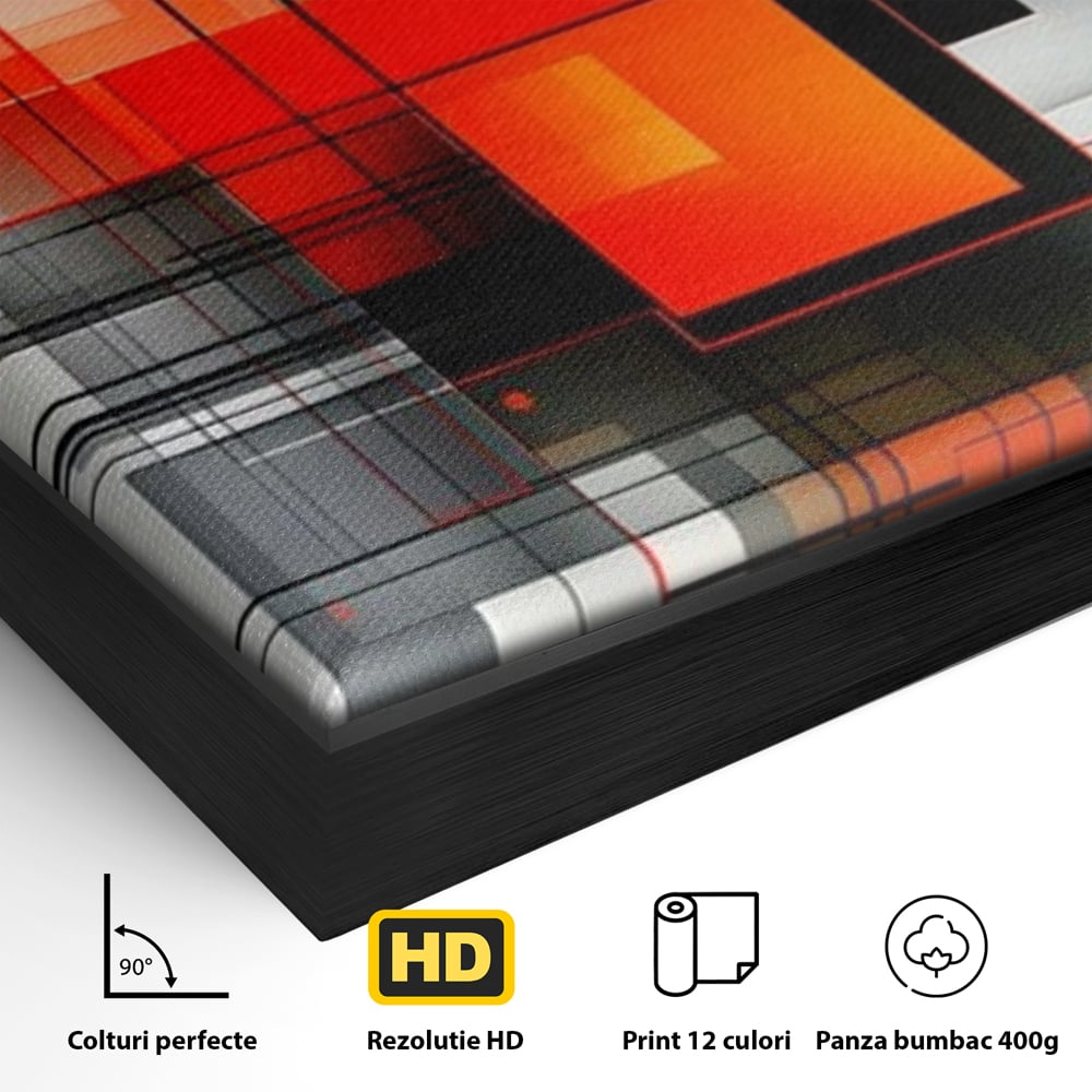 Detaliu al suprafetei: tablou abstract vertical cu linii si forme rosii, in rama de aluminiu negru