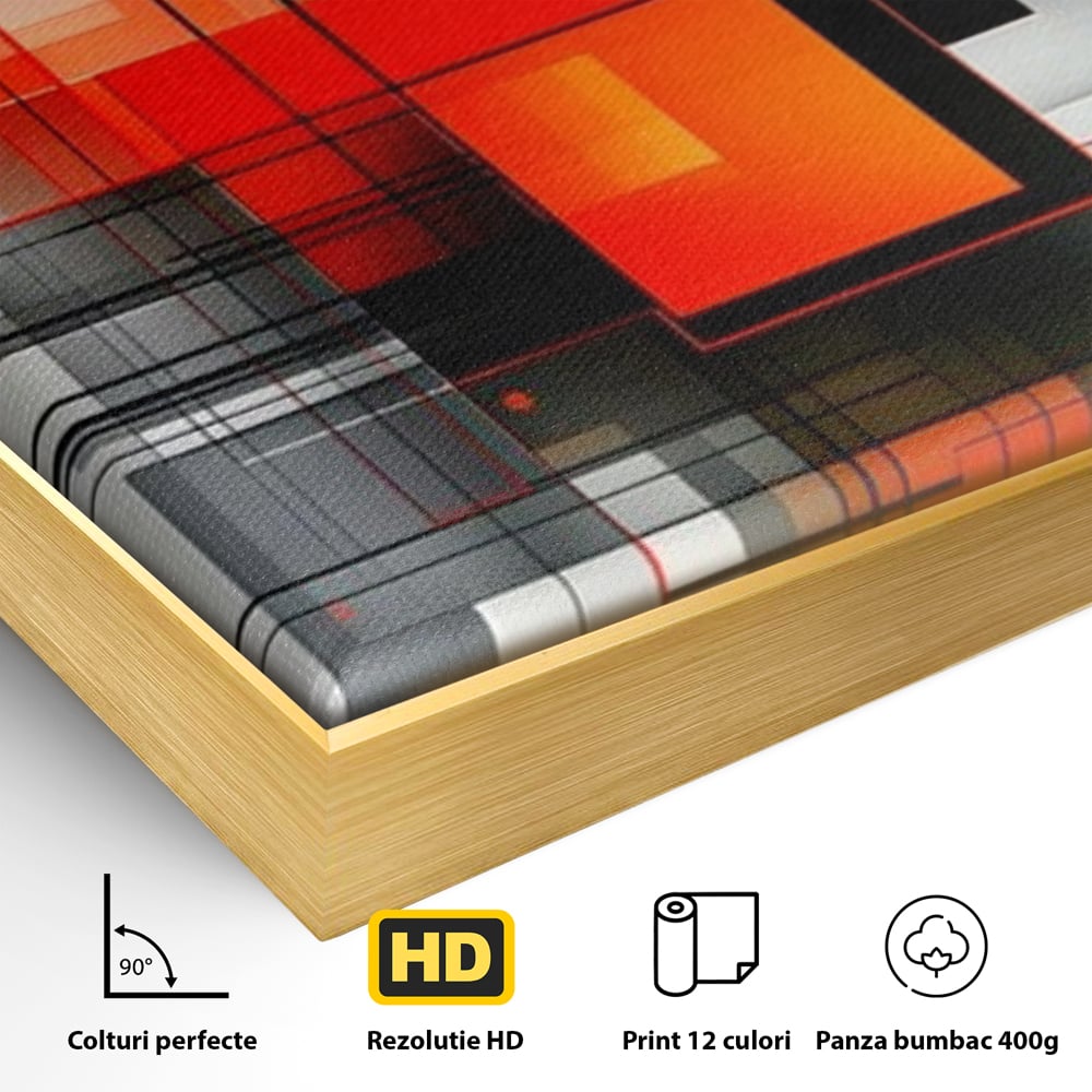 Detaliu al suprafetei: tablou abstract vertical cu linii si forme rosii, in rama de aluminiu auriu