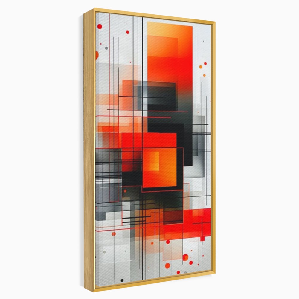 Tablou canvas cu tablou abstract vertical cu linii si forme rosii, in rama de aluminiu auriu