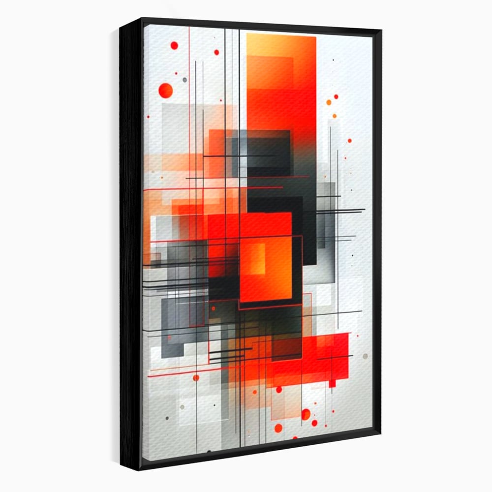 Tablou canvas cu tablou abstract vertical cu linii si forme rosii, in rama de aluminiu negru