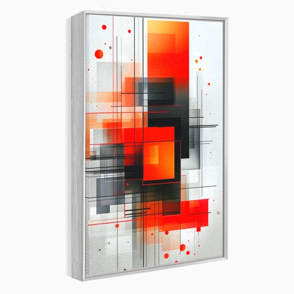 Tablou canvas cu tablou abstract vertical cu linii si forme rosii, in rama de aluminiu argintiu