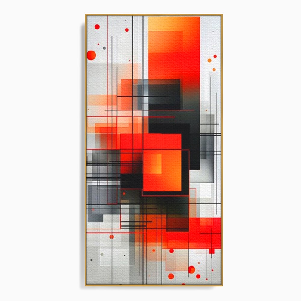Tablou canvas cu tablou abstract vertical cu linii si forme rosii, in rama de aluminiu auriu