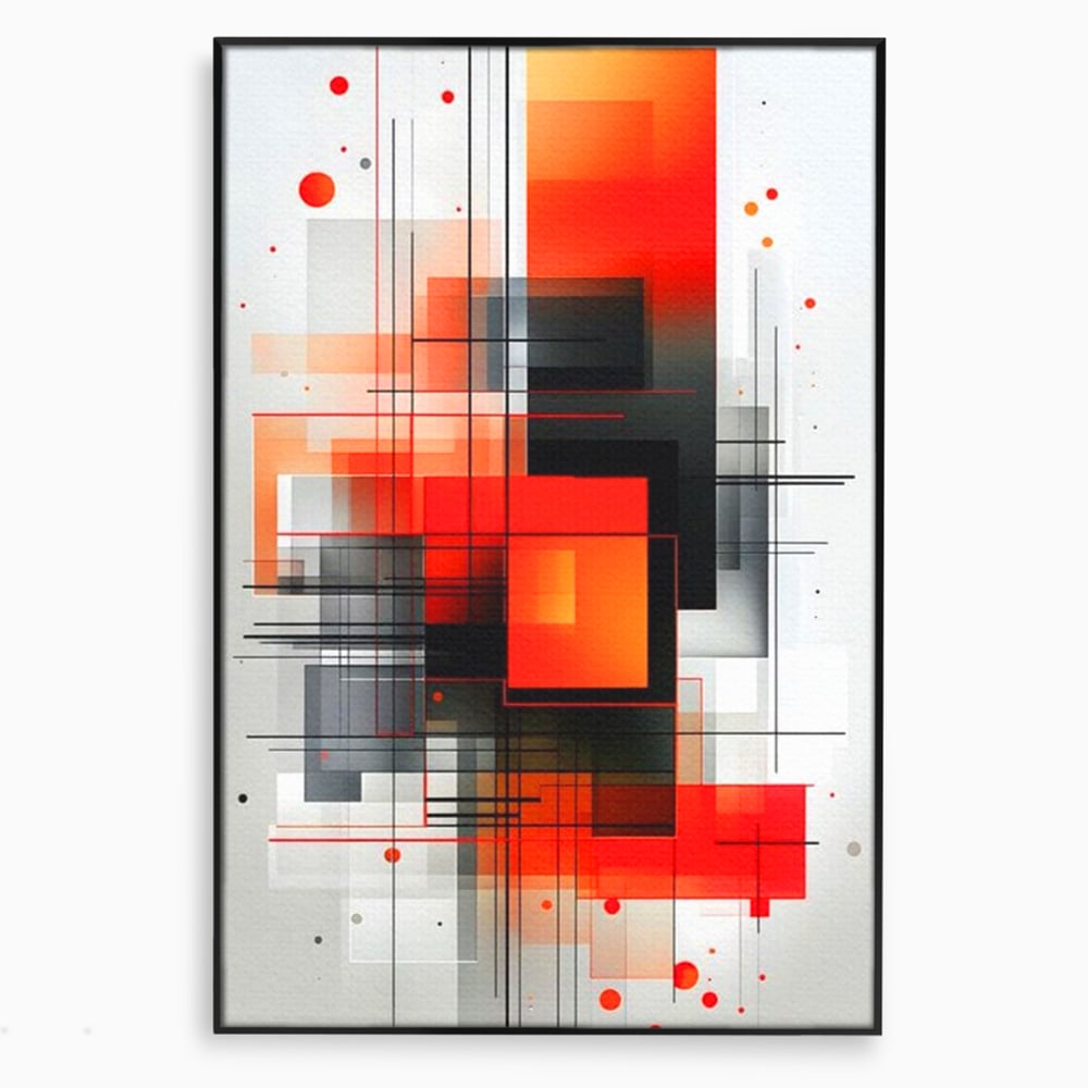 Tablou canvas cu tablou abstract vertical cu linii si forme rosii, in rama de aluminiu negru