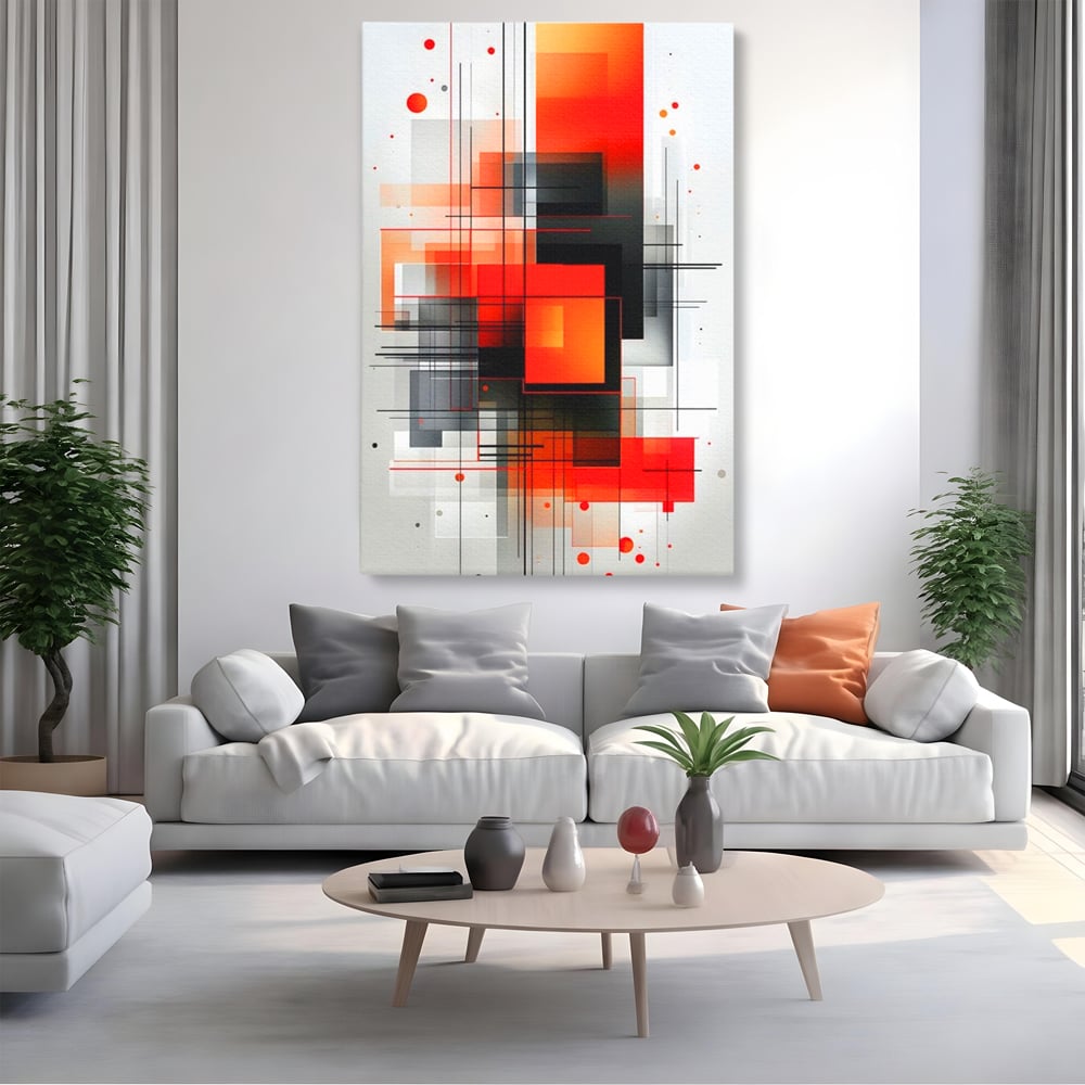Tablou canvas cu tablou abstract vertical cu linii si forme rosii, fara rama, pe sasiu de lemn, pe perete intr-un living