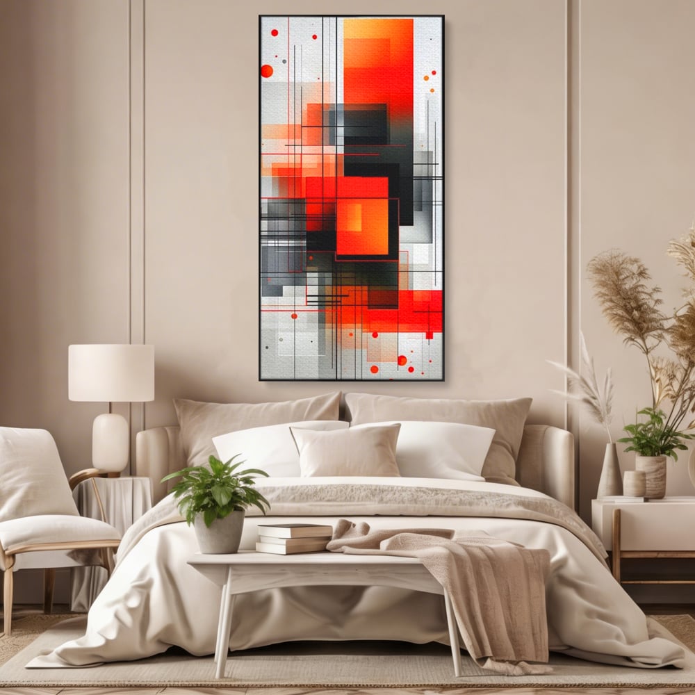 Tablou canvas cu tablou abstract vertical cu linii si forme rosii, in rama de aluminiu negru, pe perete intr-un dormitor