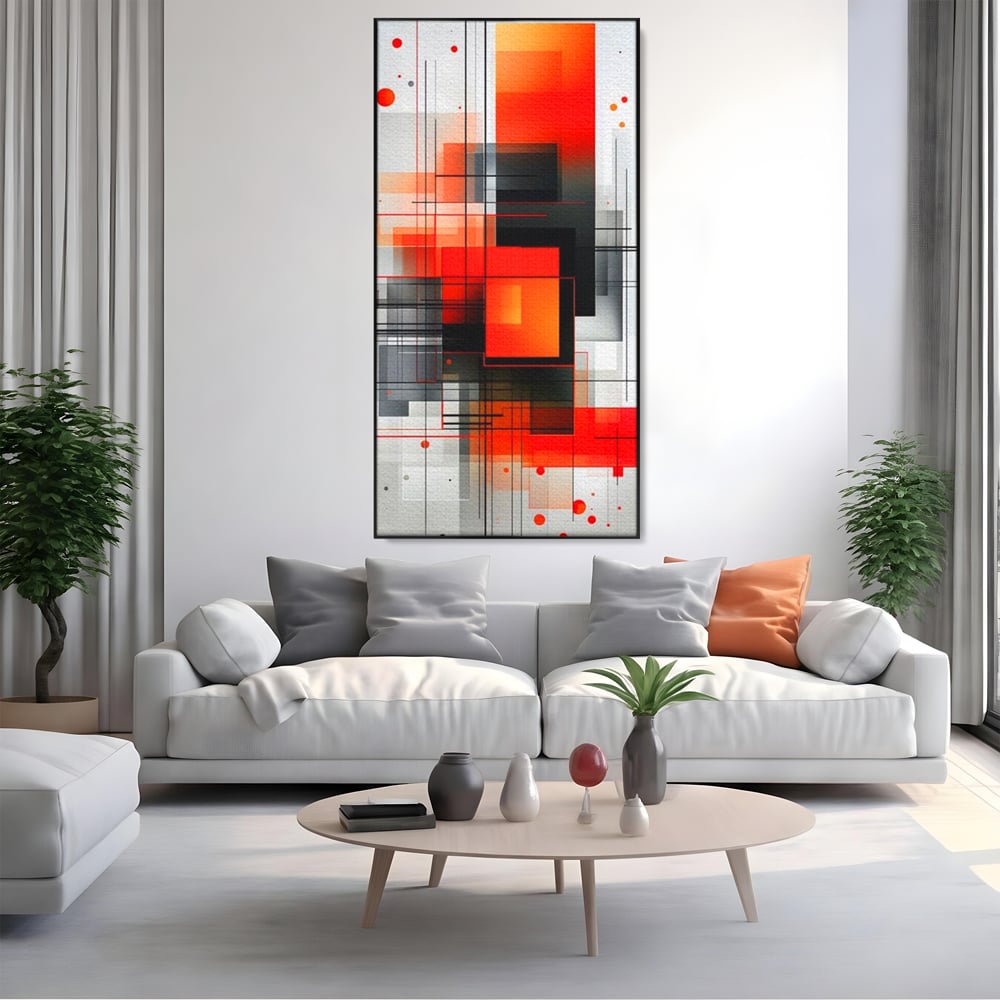 Tablou canvas cu tablou abstract vertical cu linii si forme rosii, in rama de aluminiu negru, pe perete intr-un living