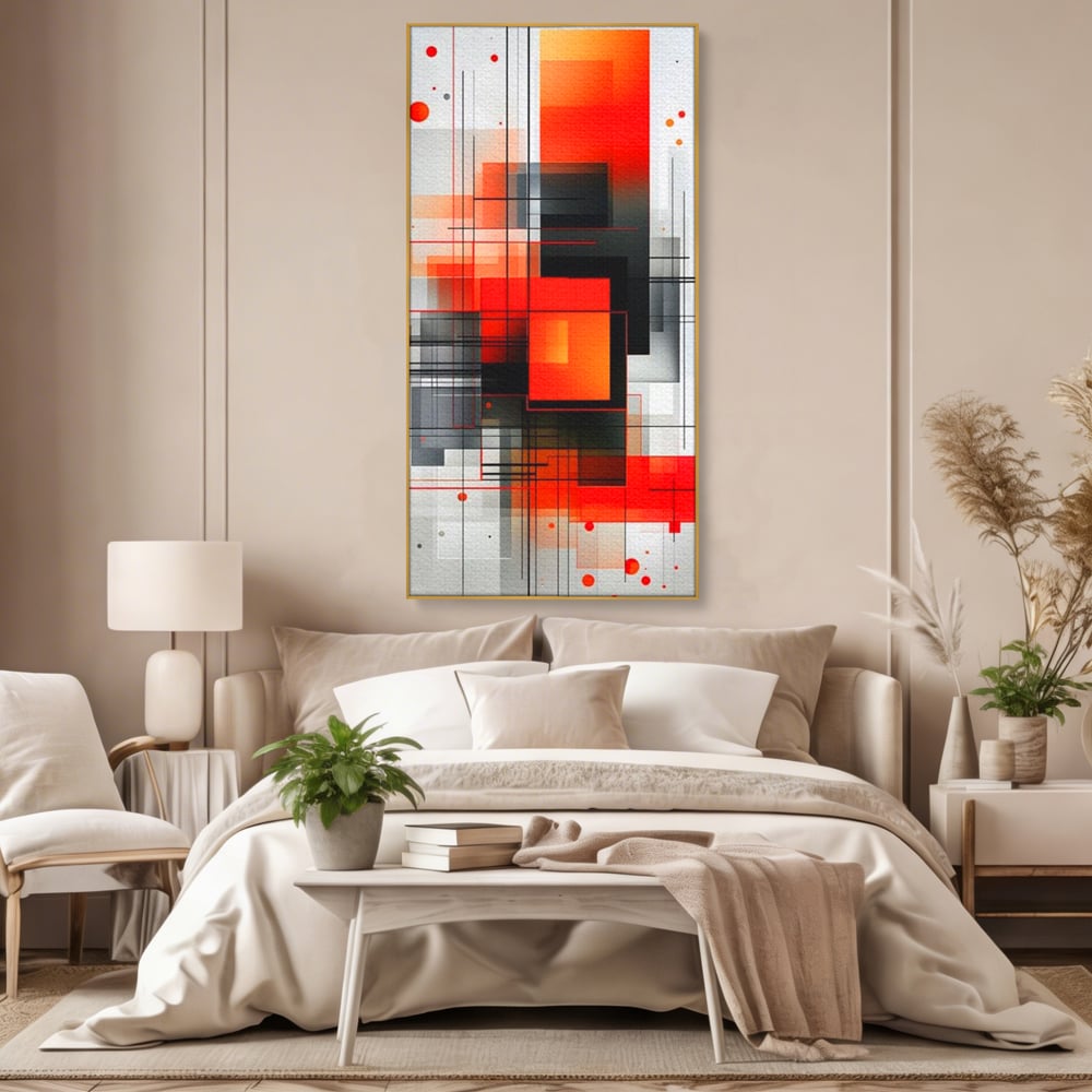 Tablou canvas cu tablou abstract vertical cu linii si forme rosii, in rama de aluminiu auriu, pe perete intr-un dormitor