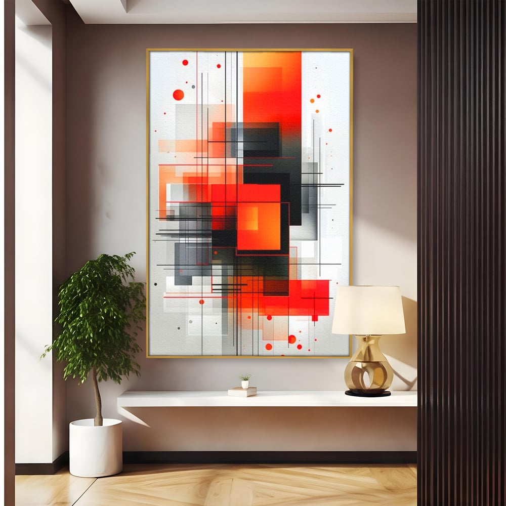 Tablou canvas cu tablou abstract vertical cu linii si forme rosii, in rama de aluminiu auriu