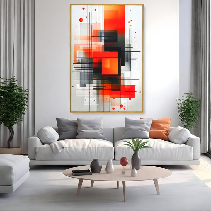 Tablou canvas cu tablou abstract vertical cu linii si forme rosii, in rama de aluminiu auriu, pe perete intr-un living
