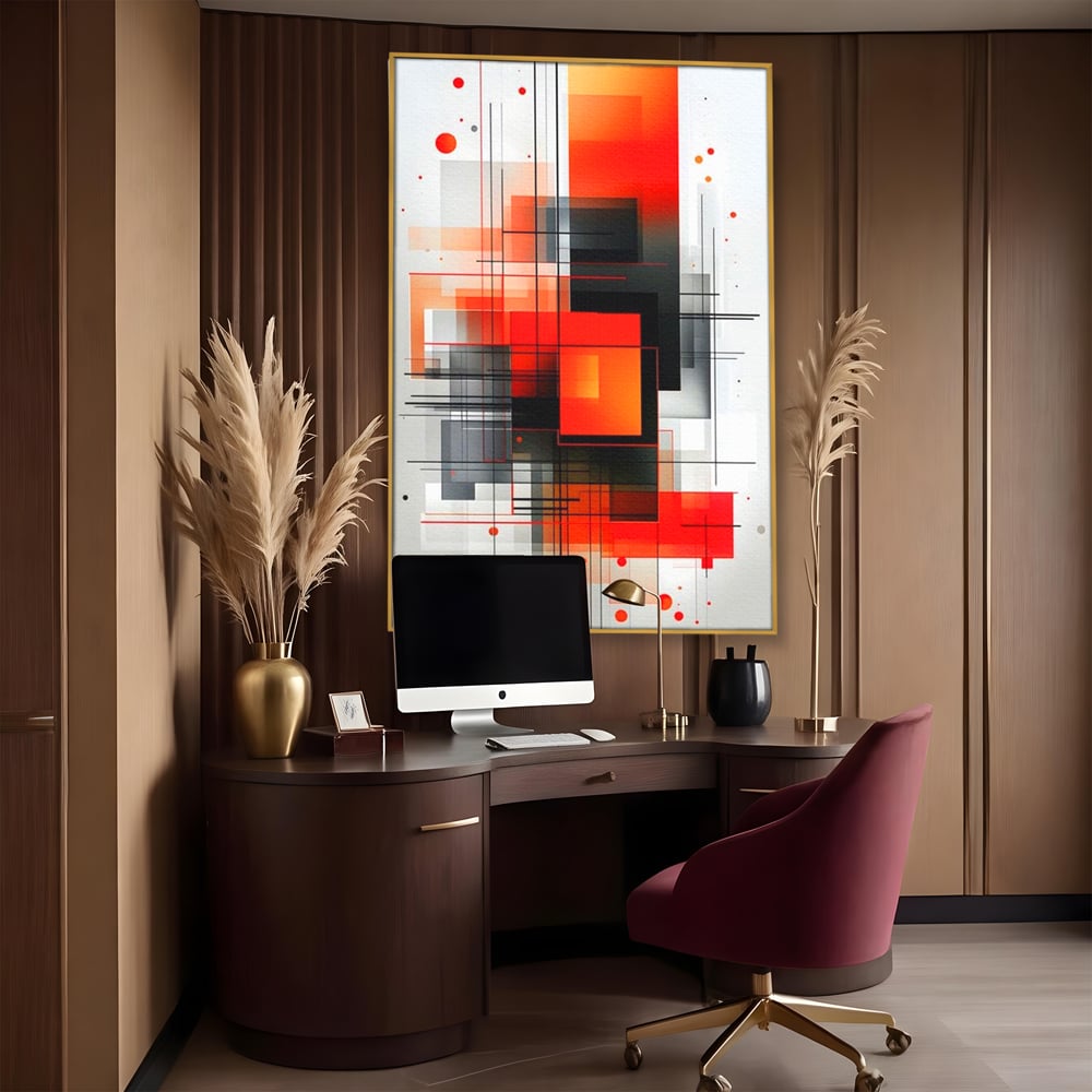 Tablou canvas cu tablou abstract vertical cu linii si forme rosii, in rama de aluminiu auriu, pe perete intr-un birou
