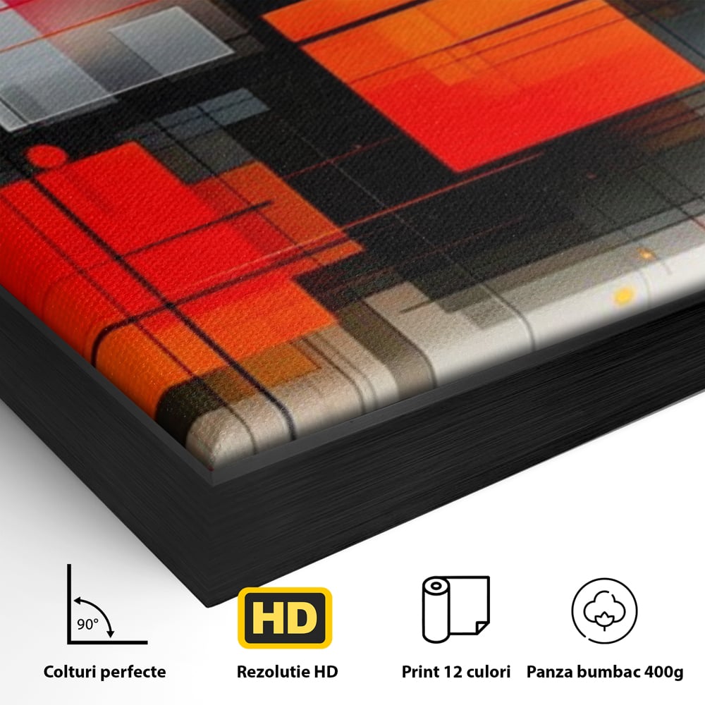 Detaliu al suprafetei: ilustratie geometrica abstracta cu patrate, in rama de aluminiu negru