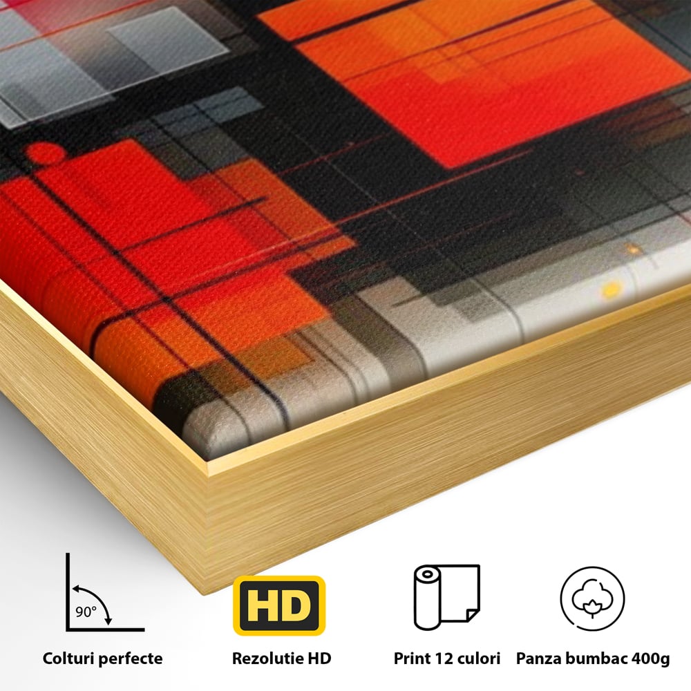Detaliu al suprafetei: ilustratie geometrica abstracta cu patrate, in rama de aluminiu auriu
