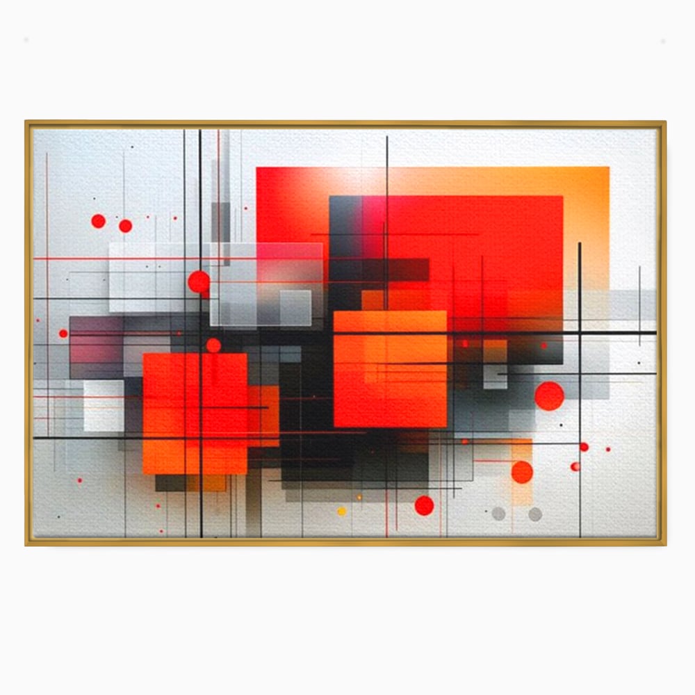 Tablou canvas cu ilustratie geometrica abstracta cu patrate, in rama de aluminiu auriu