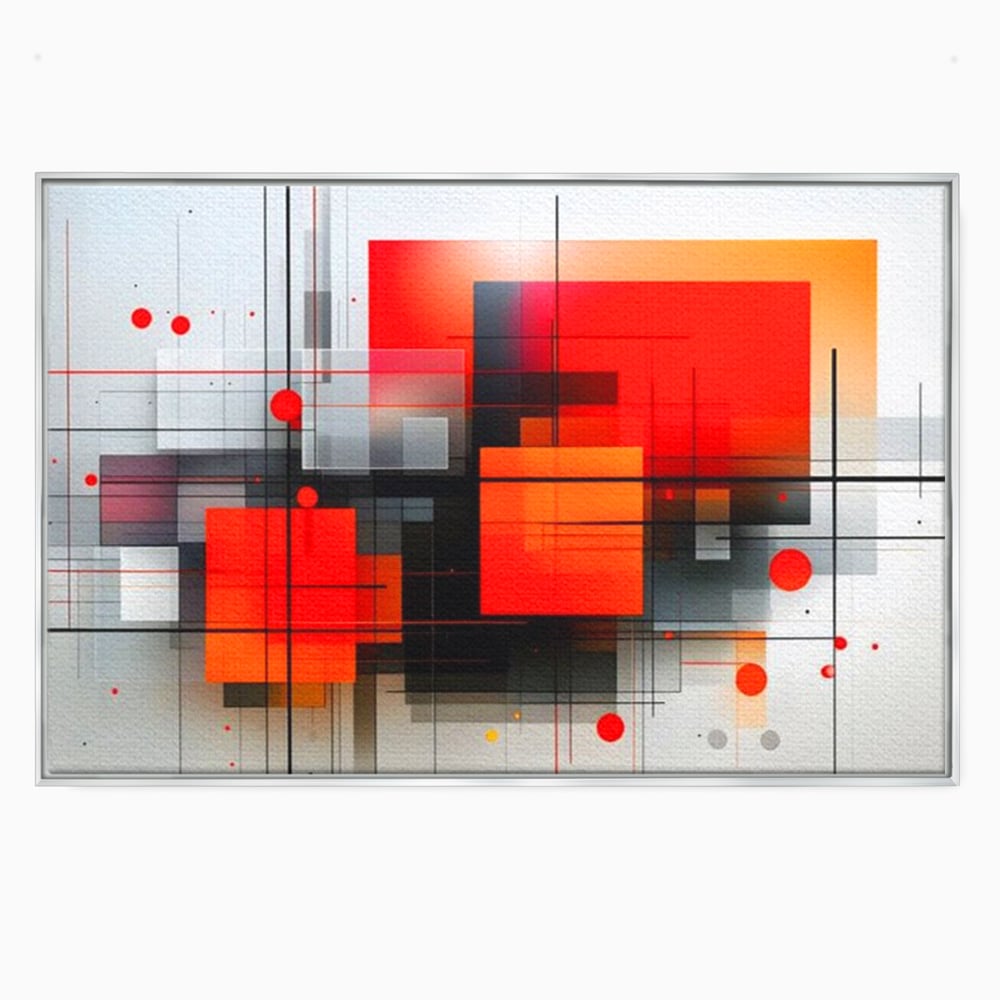 Tablou canvas cu ilustratie geometrica abstracta cu patrate, in rama de aluminiu argintiu