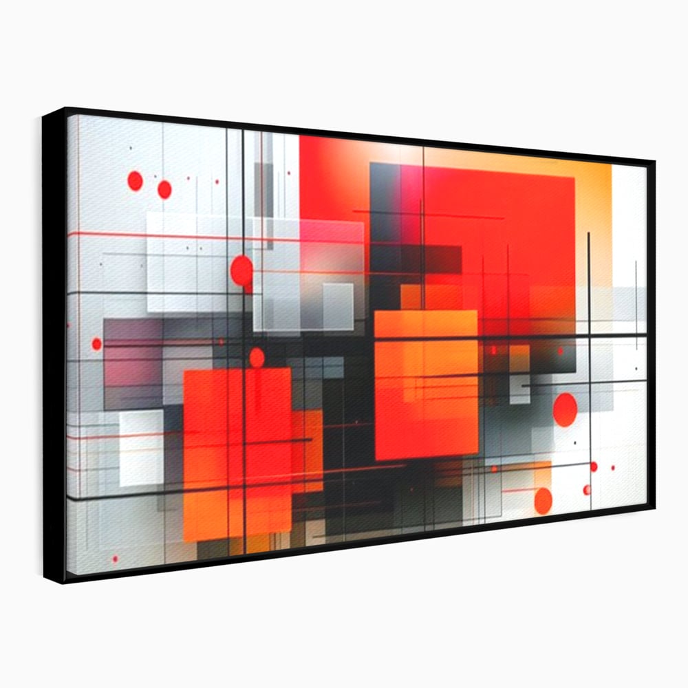 Tablou canvas cu ilustratie geometrica abstracta cu patrate, in rama de aluminiu negru