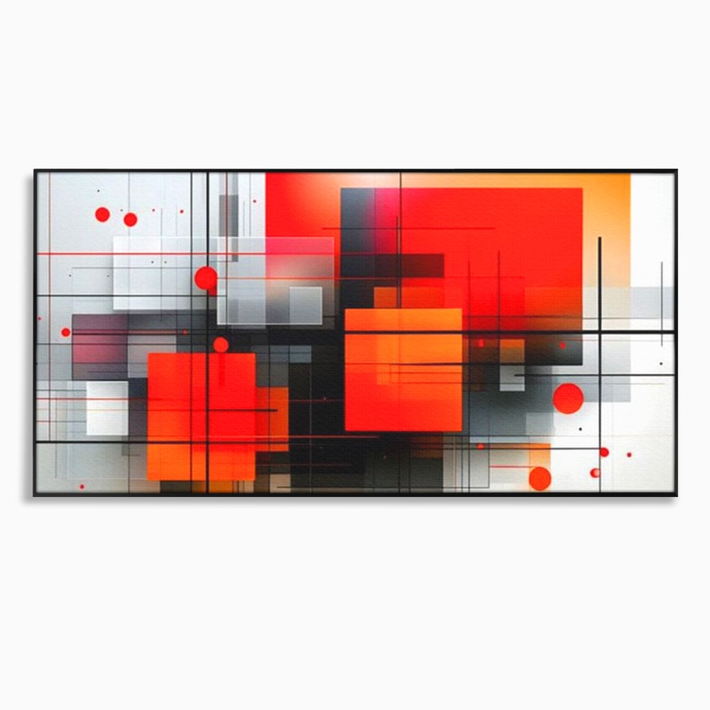Tablou canvas cu ilustratie geometrica abstracta cu patrate, in rama de aluminiu negru