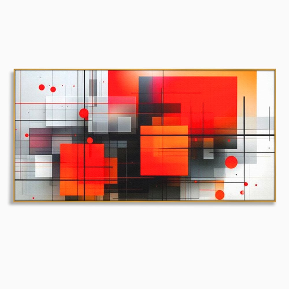 Tablou canvas cu ilustratie geometrica abstracta cu patrate, in rama de aluminiu auriu