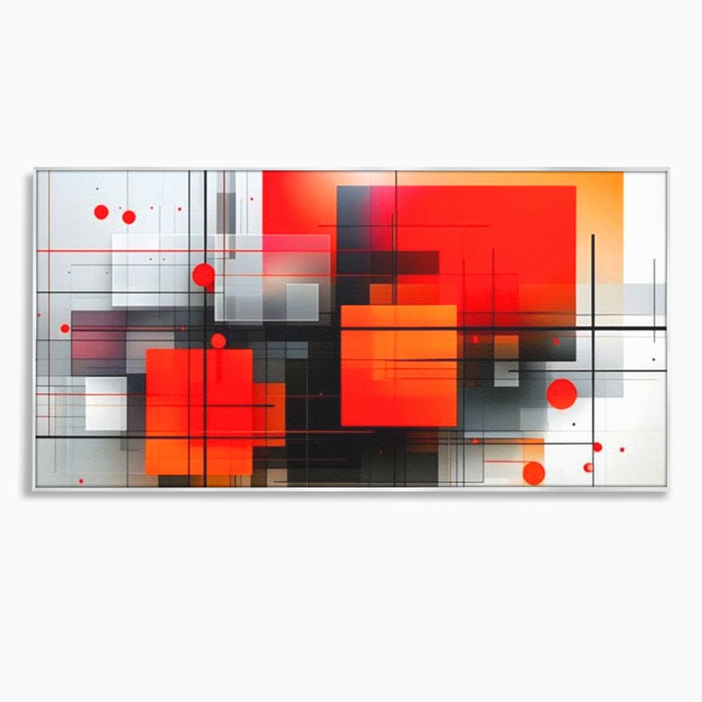 Tablou canvas cu ilustratie geometrica abstracta cu patrate, in rama de aluminiu argintiu