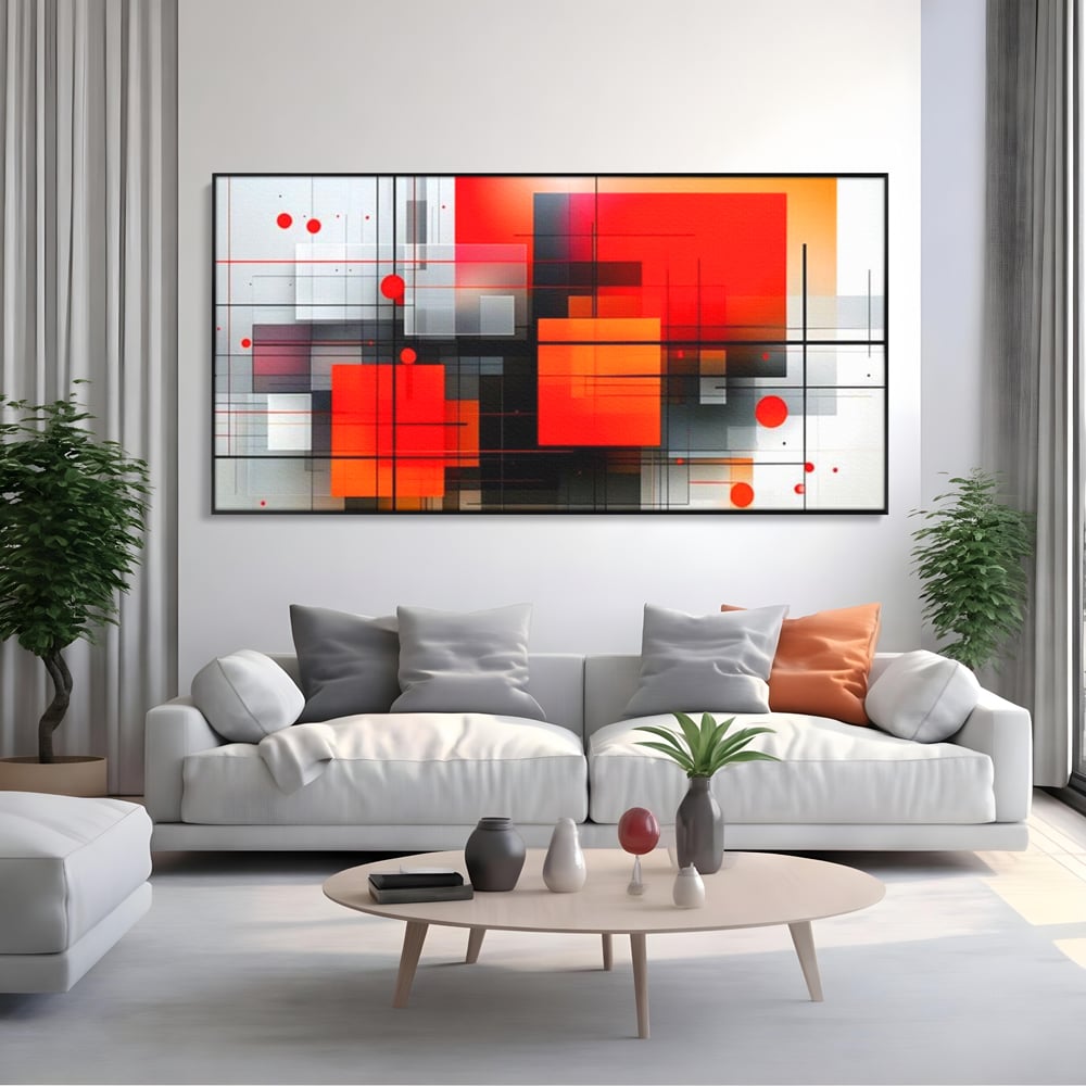 Tablou canvas cu ilustratie geometrica abstracta cu patrate, in rama de aluminiu negru, pe perete intr-un living