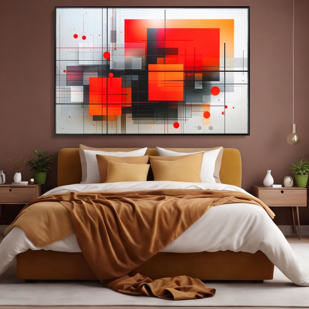 Tablou canvas cu ilustratie geometrica abstracta cu patrate, in rama de aluminiu negru, pe perete intr-un dormitor