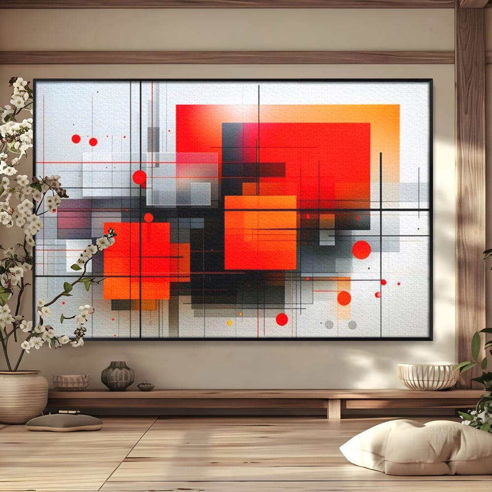 Tablou canvas cu ilustratie geometrica abstracta cu patrate, in rama de aluminiu negru