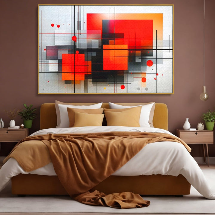 Tablou canvas cu ilustratie geometrica abstracta cu patrate, in rama de aluminiu auriu, pe perete intr-un dormitor