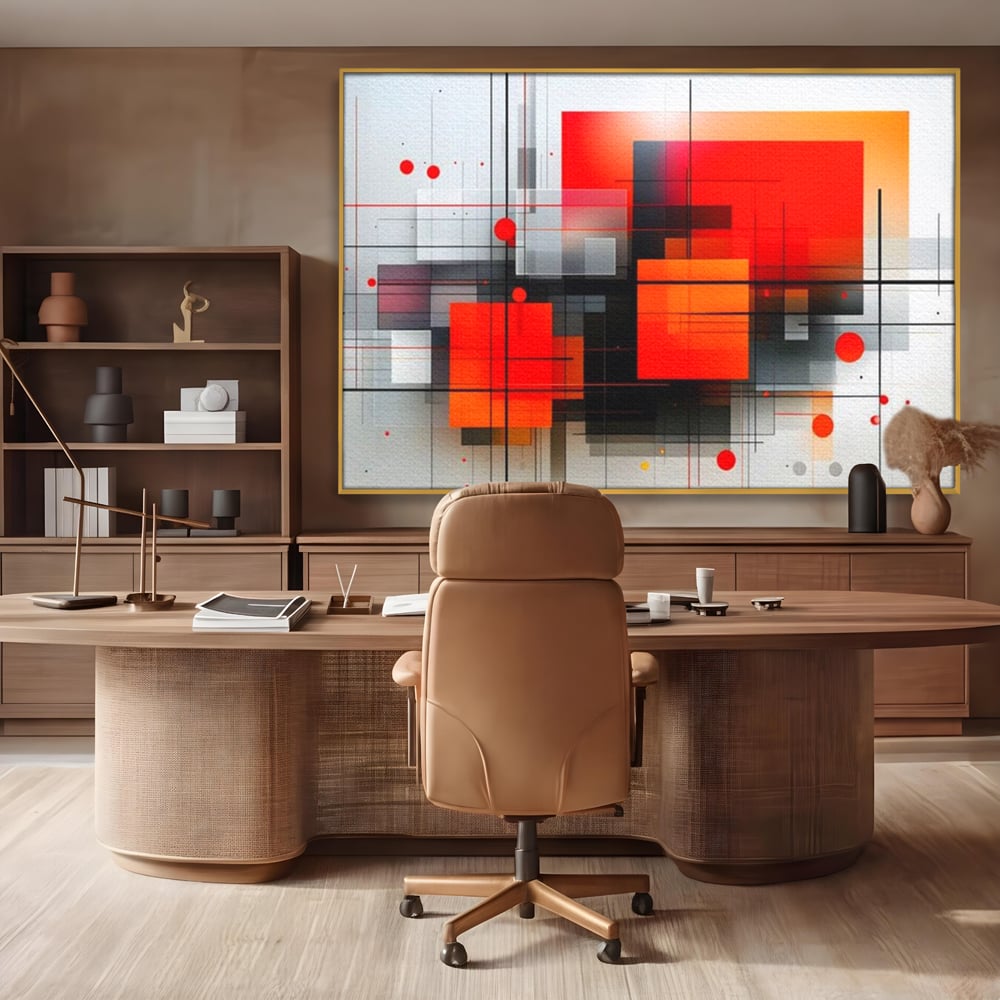 Tablou canvas cu ilustratie geometrica abstracta cu patrate, in rama de aluminiu auriu, pe perete intr-un birou