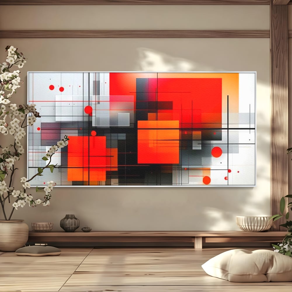 Tablou canvas cu ilustratie geometrica abstracta cu patrate, in rama de aluminiu argintiu
