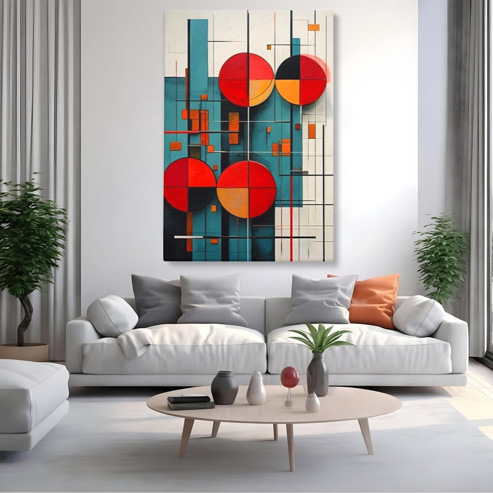 Tablou canvas cu tablou canvas cu cercuri geometrice, fara rama, pe sasiu de lemn, pe perete intr-un living