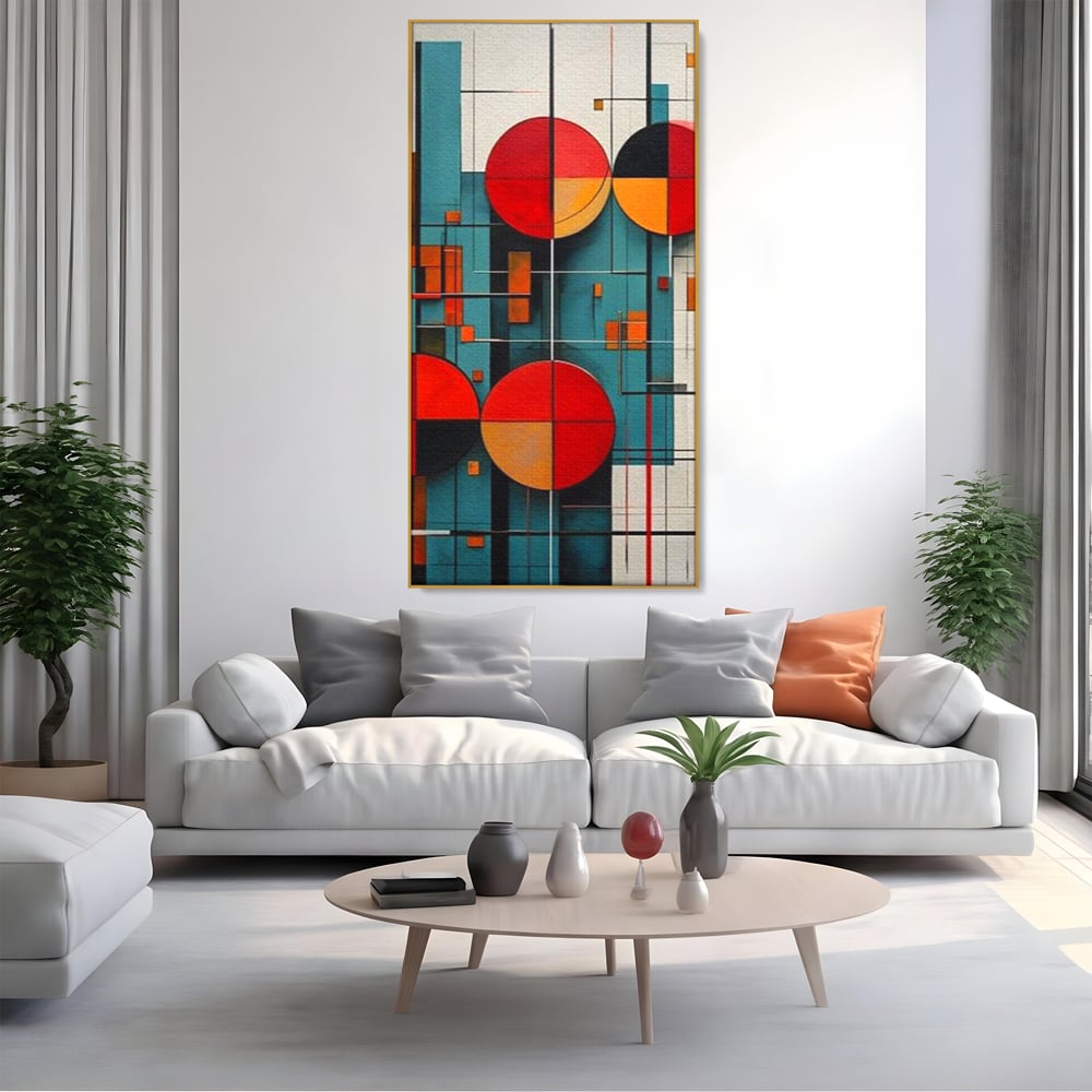 Tablou canvas cu tablou canvas cu cercuri geometrice, in rama de aluminiu auriu, pe perete intr-un living