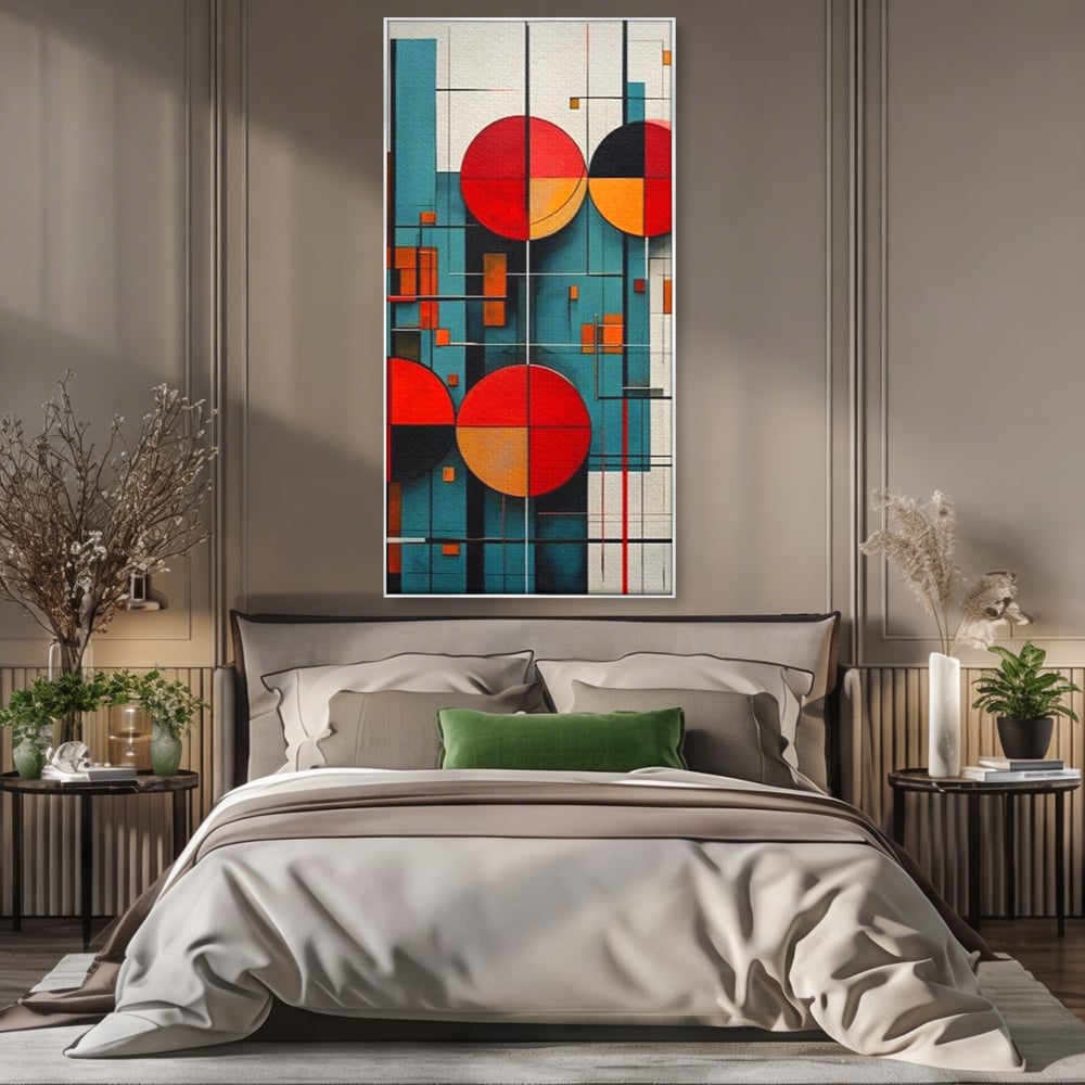 Tablou canvas cu tablou canvas cu cercuri geometrice, in rama de aluminiu argintiu, pe perete intr-un dormitor