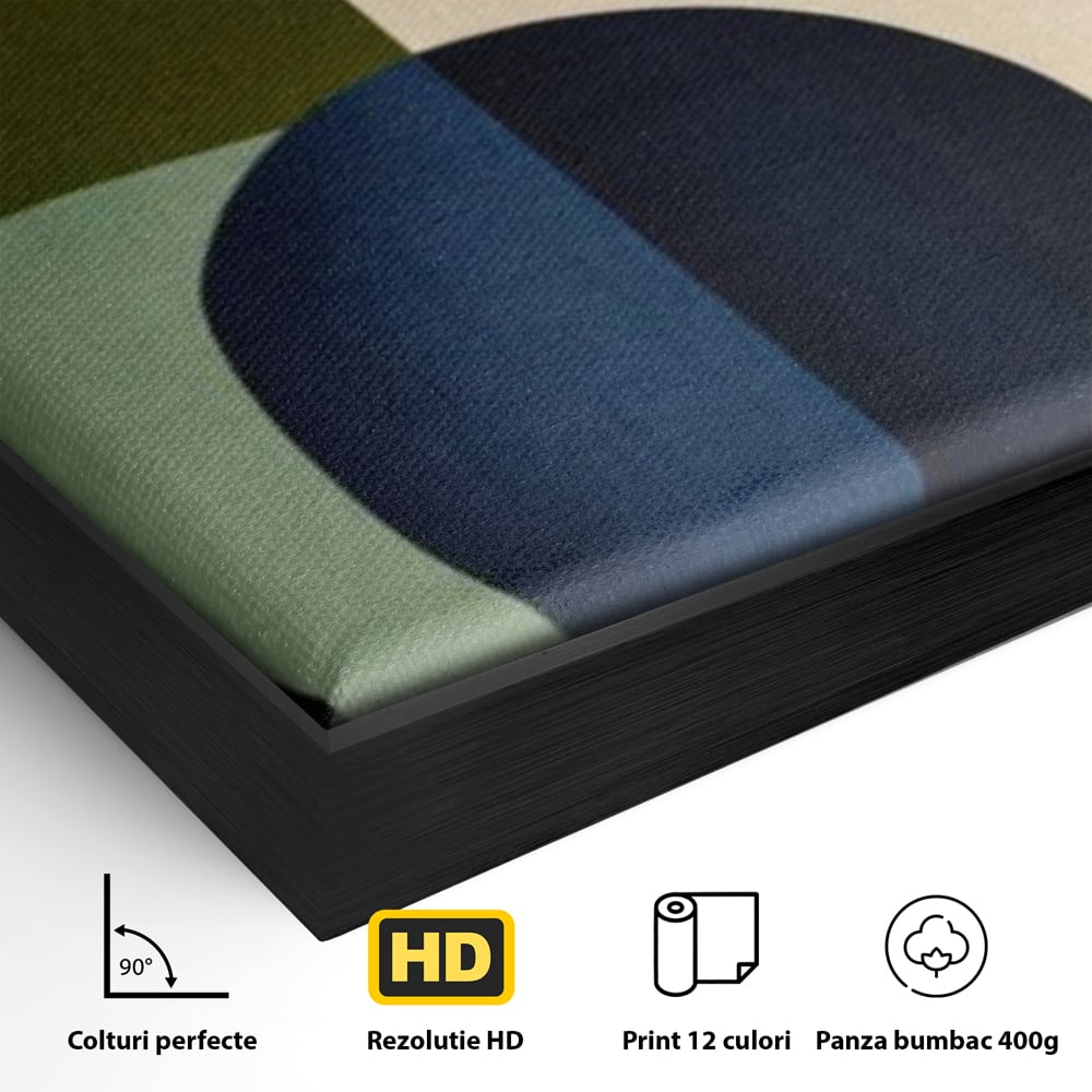 Detaliu al suprafetei: tablou canvas cu forme geometrice si vaze, in rama de aluminiu negru