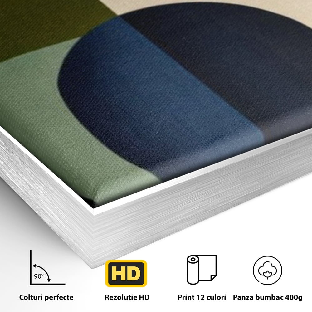 Detaliu al suprafetei: tablou canvas cu forme geometrice si vaze, in rama de aluminiu argintiu