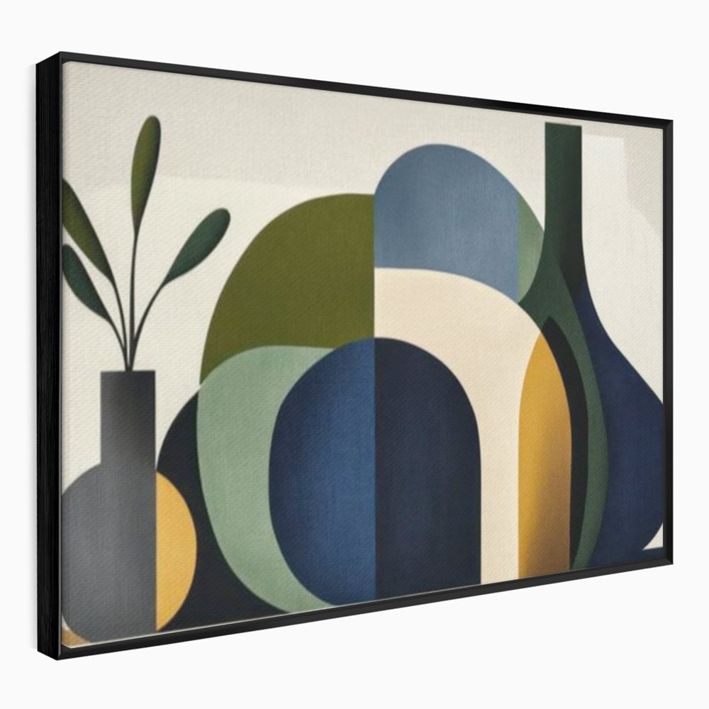 Tablou canvas cu tablou canvas cu forme geometrice si vaze, in rama de aluminiu negru