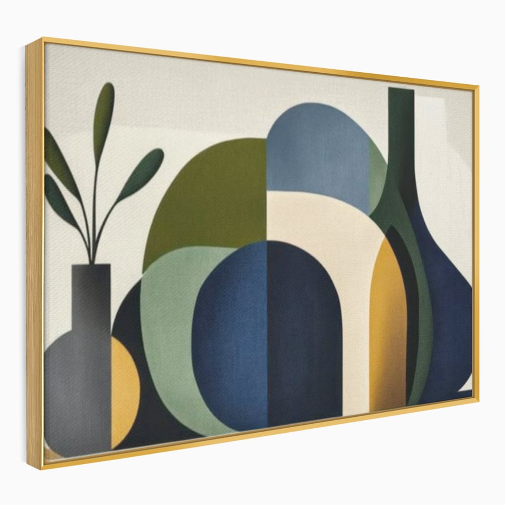 Tablou canvas cu tablou canvas cu forme geometrice si vaze, in rama de aluminiu auriu