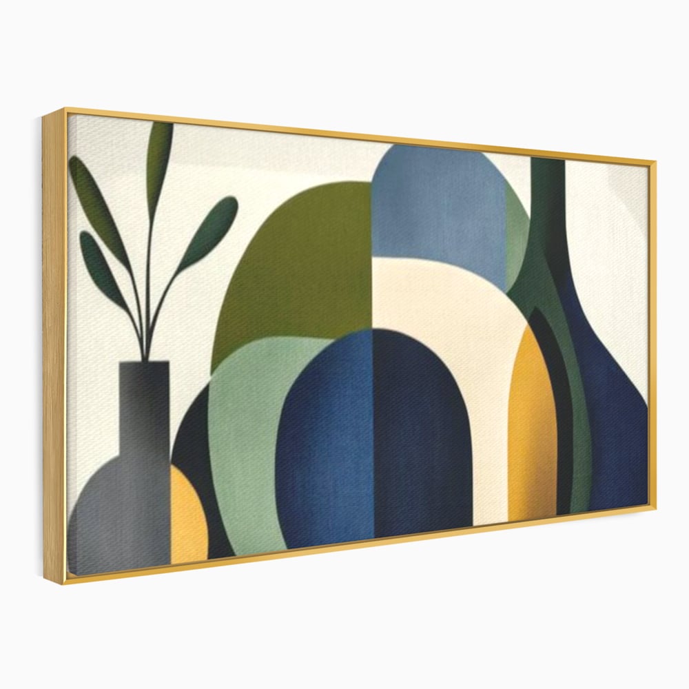 Tablou canvas cu tablou canvas cu forme geometrice si vaze, in rama de aluminiu auriu