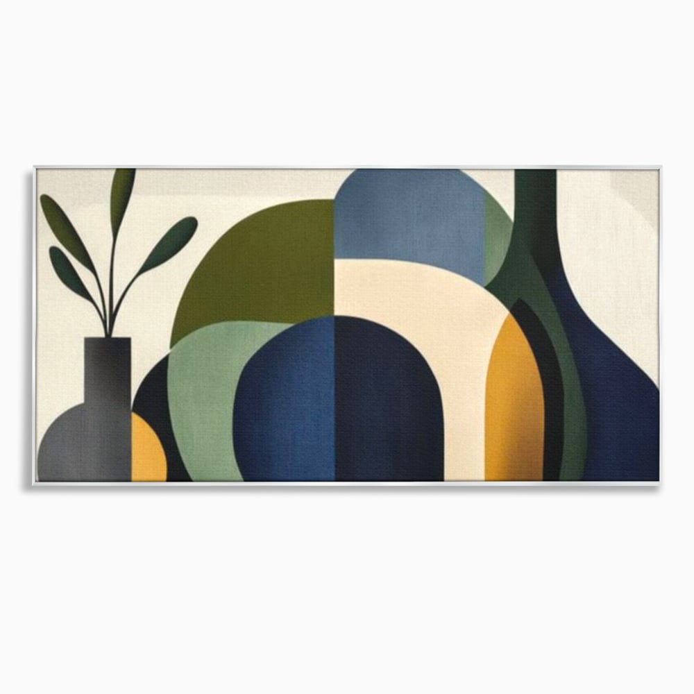 Tablou canvas cu tablou canvas cu forme geometrice si vaze, in rama de aluminiu argintiu