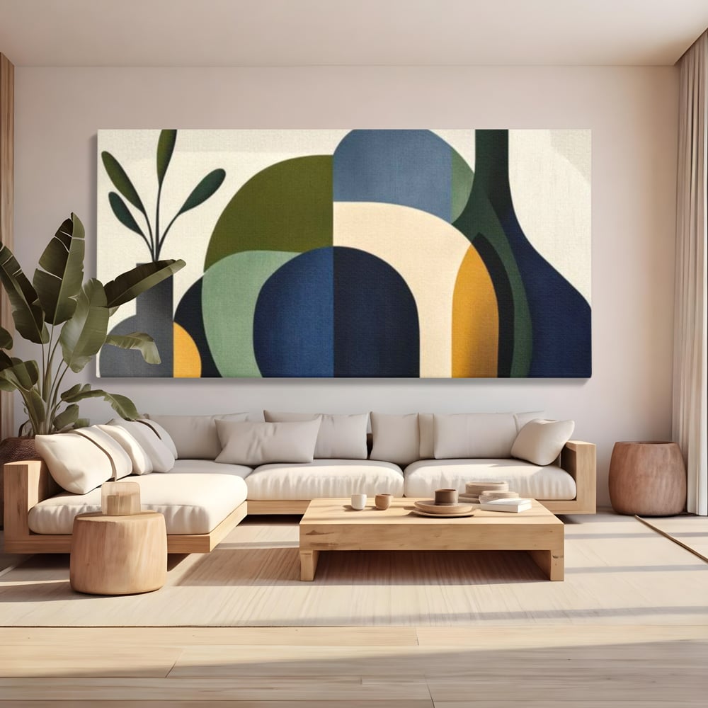 Tablou canvas cu tablou canvas cu forme geometrice si vaze, fara rama, pe sasiu de lemn, pe perete intr-un living