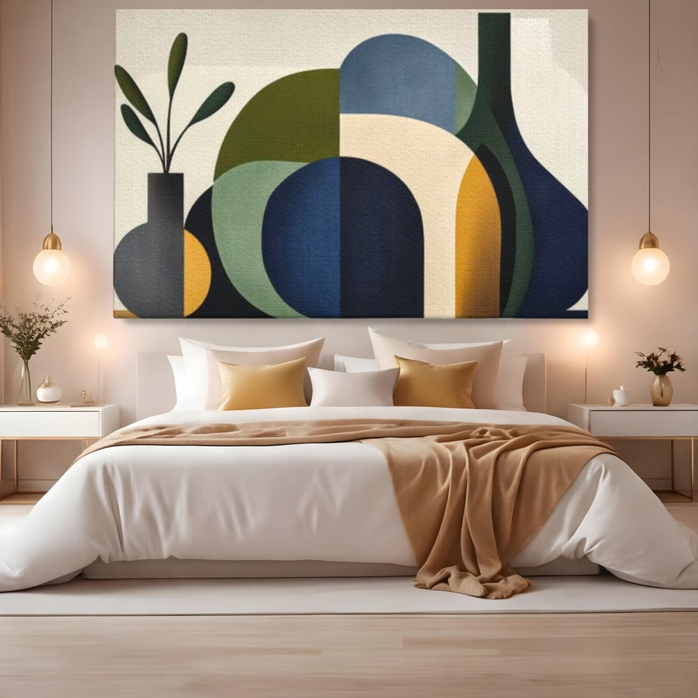 Tablou canvas cu tablou canvas cu forme geometrice si vaze, fara rama, pe sasiu de lemn, pe perete intr-un dormitor